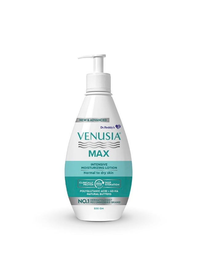 VENUSIA Dr. Reddy's Venusia Max Intensive Moisturizing Lotion | Enriched with 4D Hyaluronic Acid & Polyglutamic Acid | Clinically Proven Deep Penetration for Long lasting hydration | For Face & Body | Moisture Lock with Shea, Cocoa, Mango, and Aloe Butter |No.1 Dermatologist Recommended Brand | Normal to Dry Skin | 500 g - Image 1