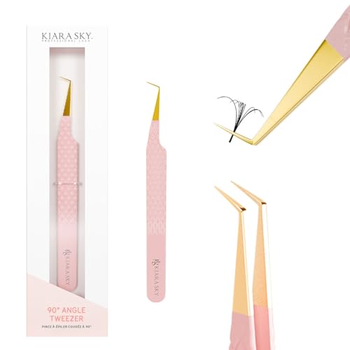 KIARA SKY LASH Tweezer for Eyelash Extensions Precision Fiber Tip Grip Volume Mega Volume and Lash Removal Fills Comfortable Ergonomic Design Pink and Gold 90 ANGLE TWEEZER - Image 1
