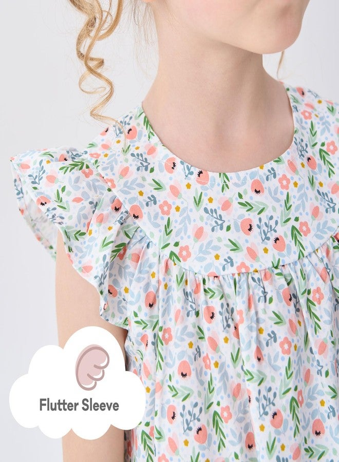 pureborn Toddler Girl Ruffled Sleeve Cotton Casual Playwear Dresses Summer Outfit Light Green Blue Pink Floral 2-3 Years - Image 4