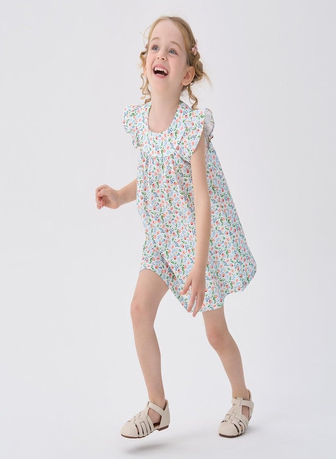 pureborn Toddler Girl Ruffled Sleeve Cotton Casual Playwear Dresses Summer Outfit Light Green Blue Pink Floral 2-3 Years - Image 2