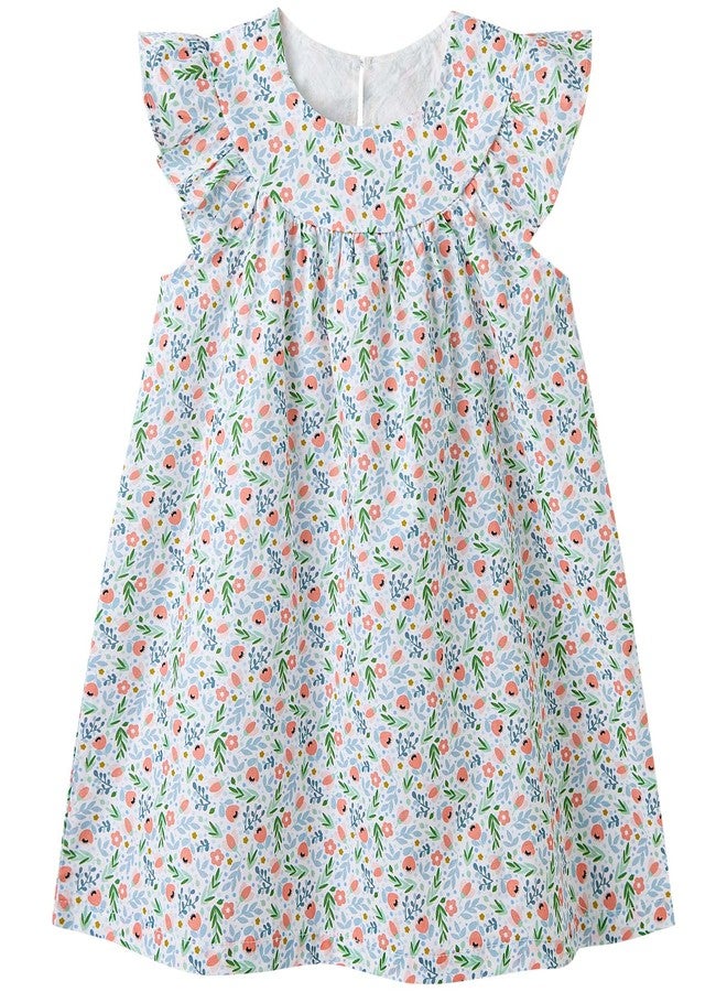 pureborn Toddler Girl Ruffled Sleeve Cotton Casual Playwear Dresses Summer Outfit Light Green Blue Pink Floral 2-3 Years - Image 1
