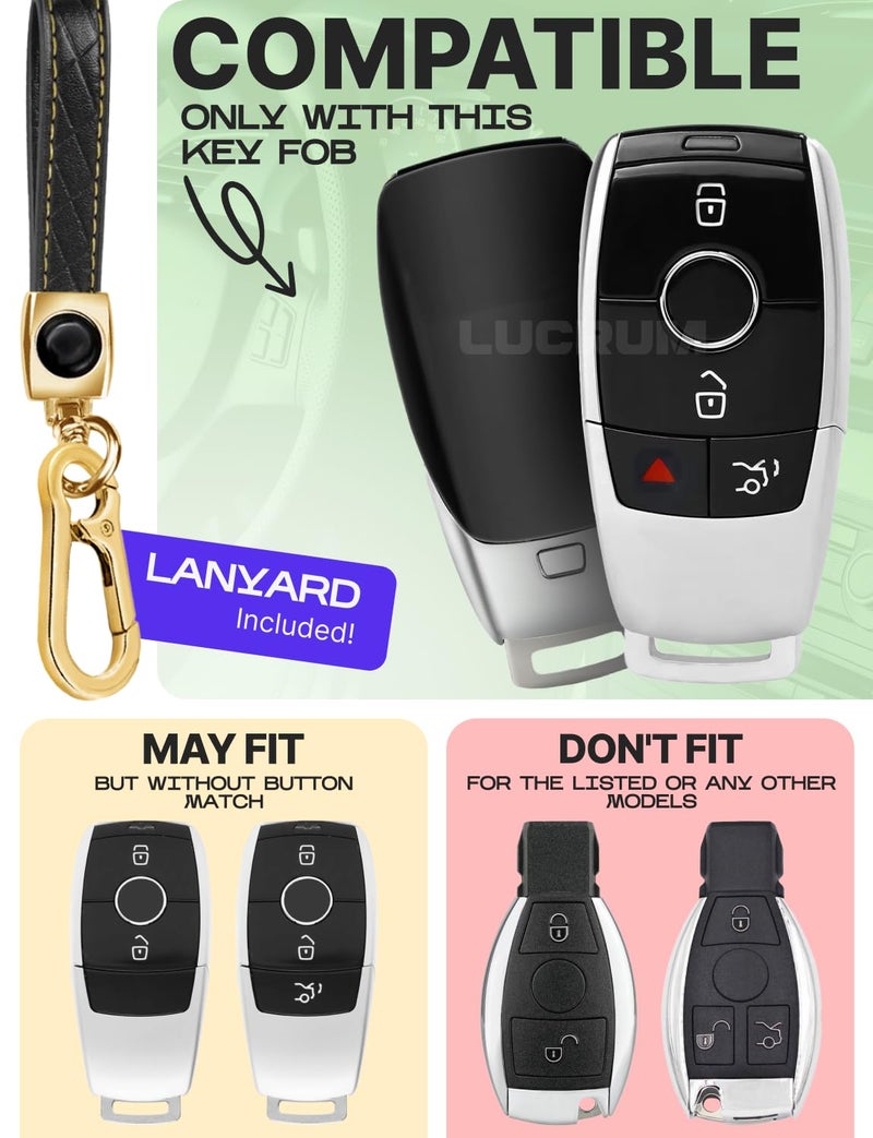 Lucrum Compatible with Mercedes Benz Key Fob Cover & Leather Keychain - TPU Keyfob Case for A C CLA CLS E G GLA GLE S-Class (2019-2023) - Black and Gold - Image 2