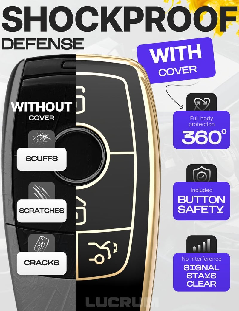 Lucrum Compatible with Mercedes Benz Key Fob Cover & Leather Keychain - TPU Keyfob Case for A C CLA CLS E G GLA GLE S-Class (2019-2023) - Black and Gold - Image 4