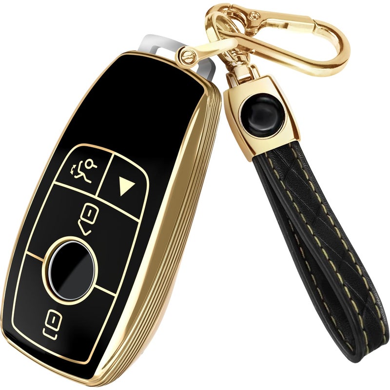 Lucrum Compatible with Mercedes Benz Key Fob Cover & Leather Keychain - TPU Keyfob Case for A C CLA CLS E G GLA GLE S-Class (2019-2023) - Black and Gold - Image 1