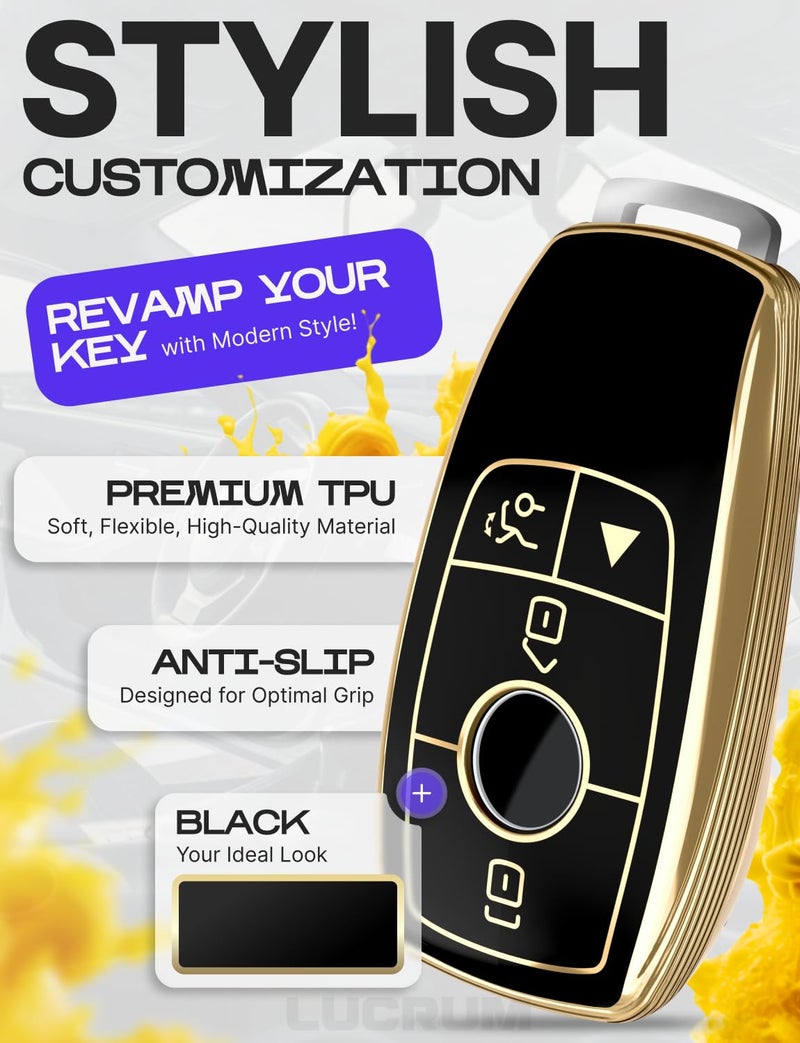 Lucrum Compatible with Mercedes Benz Key Fob Cover & Leather Keychain - TPU Keyfob Case for A C CLA CLS E G GLA GLE S-Class (2019-2023) - Black and Gold - Image 3