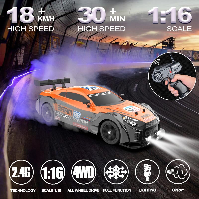 Desdoni سيارة ديسدوني للتحكم عن بعد RC Drift Car مقياس 116 4WD مع أضواء LED 24GHz سرعة 18 كم/ساعة قابلة للشحن لعبة سباق عالية السرعة للبالغين والأولاد والبنات والأطفال هدية مع بطاريتين إضافيتين وإطارات إضافية - Image 3
