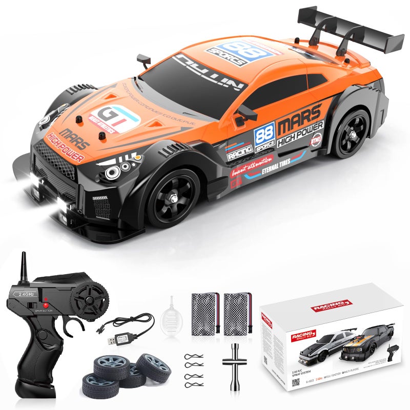 Desdoni سيارة ديسدوني للتحكم عن بعد RC Drift Car مقياس 116 4WD مع أضواء LED 24GHz سرعة 18 كم/ساعة قابلة للشحن لعبة سباق عالية السرعة للبالغين والأولاد والبنات والأطفال هدية مع بطاريتين إضافيتين وإطارات إضافية - Image 2