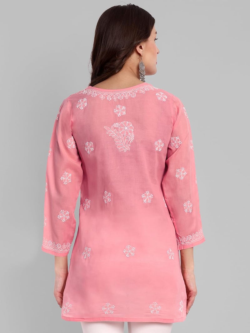 Ada Hand Embroidered Lucknow Chikankari Straight Round Neck Cotton Short Kurti Top for Women A911329 (2XL, Peach) - Image 2