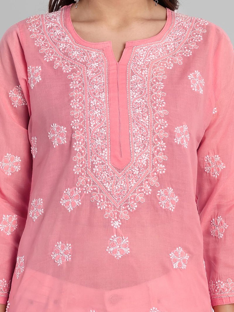 Ada Hand Embroidered Lucknow Chikankari Straight Round Neck Cotton Short Kurti Top for Women A911329 (2XL, Peach) - Image 5