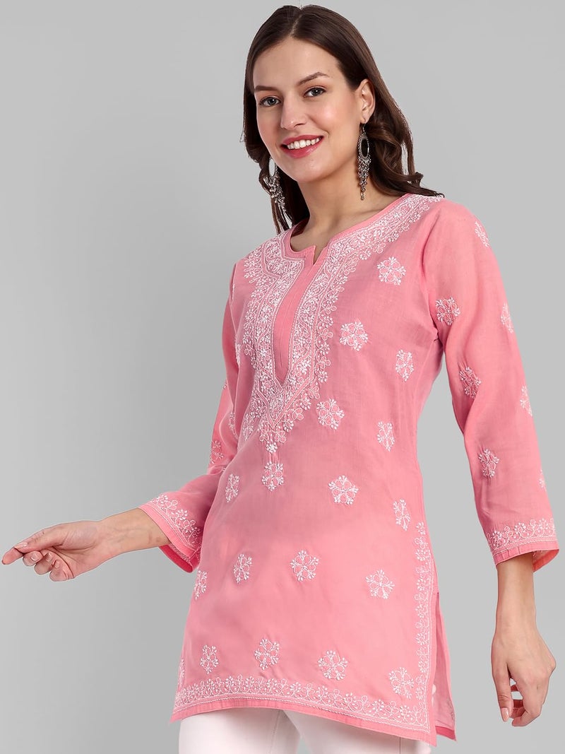 Ada Hand Embroidered Lucknow Chikankari Straight Round Neck Cotton Short Kurti Top for Women A911329 (2XL, Peach) - Image 4