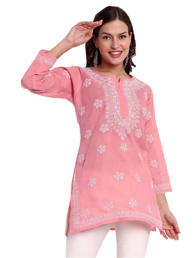 Ada Hand Embroidered Lucknow Chikankari Straight Round Neck Cotton Short Kurti Top for Women A911329 (2XL, Peach) - Image 1