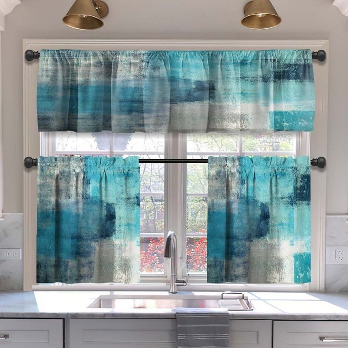Turquoise Blackout Kitchen Curtains Tiers and Valances Set 3 Piece for Windows Grey Kitchen Window Curtains SetModern Abstract Art Valances for Living Room36 Tiers Set