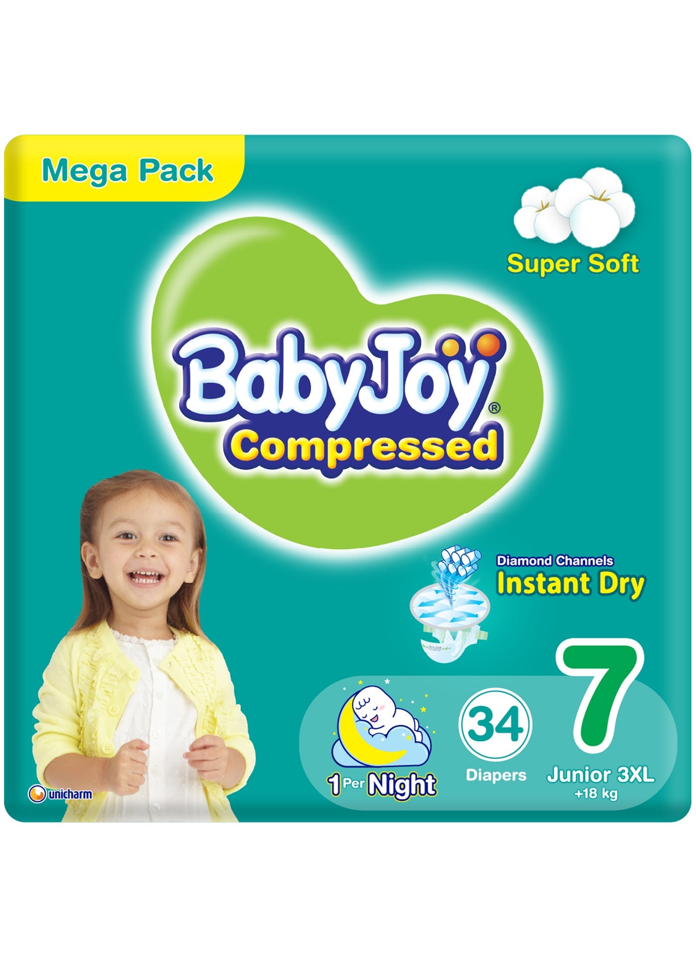 Baby Joy Compressed Diamond Pad Diaper, Size 7, Junior 3XL, 18+ Kg, Mega Pack, 34 Diapers