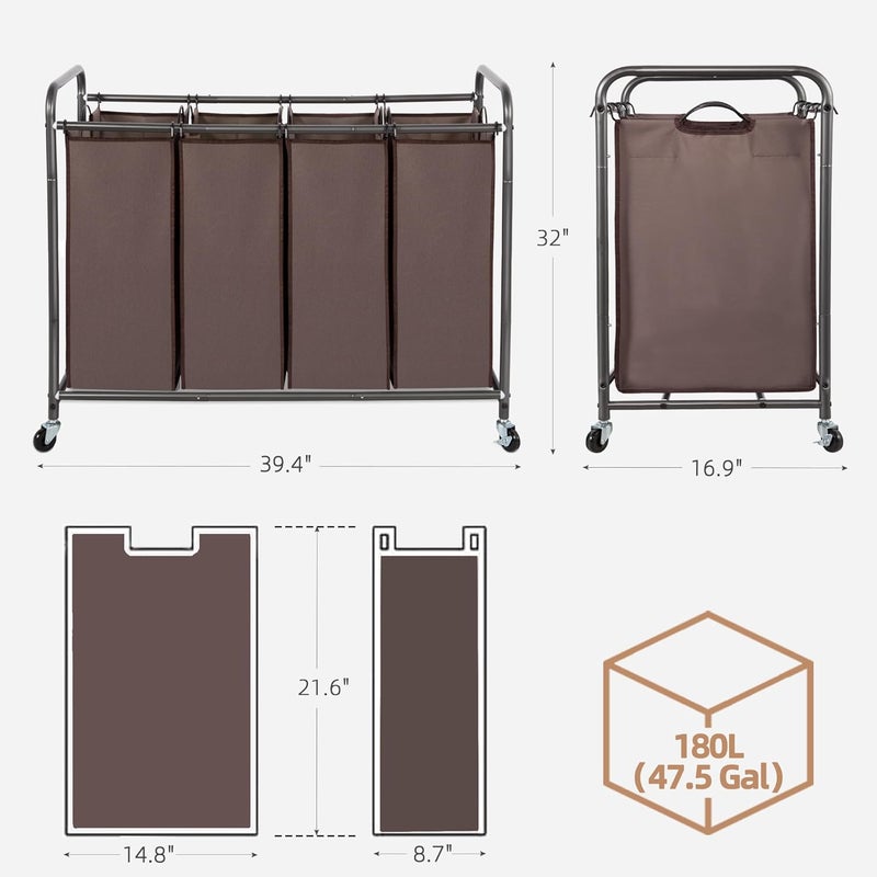 STORAGE MANIAC 4 Section Laundry Sorter With Wheels, Basket Separator, Divider With 4 Removable Bags, Brown - Image 3