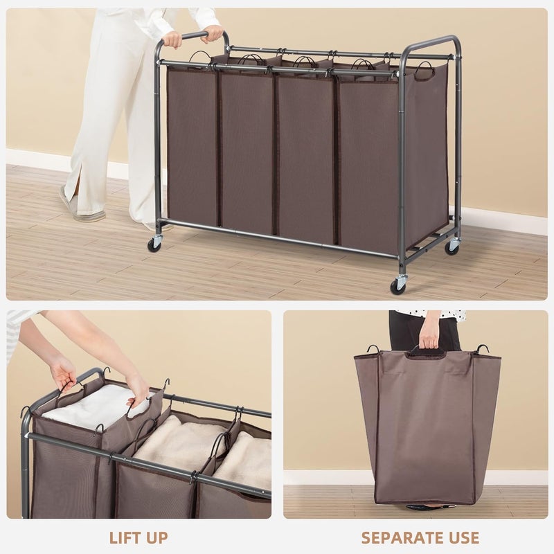 STORAGE MANIAC 4 Section Laundry Sorter With Wheels, Basket Separator, Divider With 4 Removable Bags, Brown - Image 4