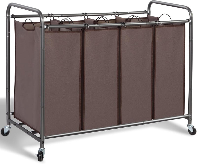 STORAGE MANIAC 4 Section Laundry Sorter With Wheels, Basket Separator, Divider With 4 Removable Bags, Brown - Image 1