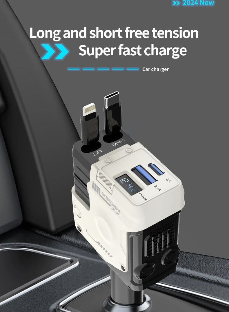 إيزي سو شاحن سيارة سريع 12/24 فولت 120 وات مع كابل شحن قابل للسحب محول طاقة سريع للسيارة PD لهاتف iPhone Type C وبلوتوث USB للسيارة قابس شاحن مع iPhone وSamsung وGalaxy وHuawei وXiaomi - Image 1