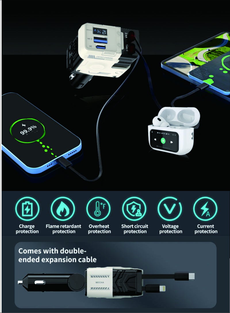 إيزي سو شاحن سيارة سريع 12/24 فولت 120 وات مع كابل شحن قابل للسحب محول طاقة سريع للسيارة PD لهاتف iPhone Type C وبلوتوث USB للسيارة قابس شاحن مع iPhone وSamsung وGalaxy وHuawei وXiaomi - Image 3
