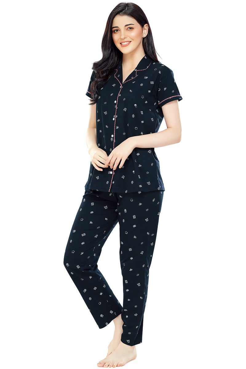 ZEYO Women's Cotton Printed Navy Blue Night Suit set of Shirt & Pyjama 5262 - Image 4