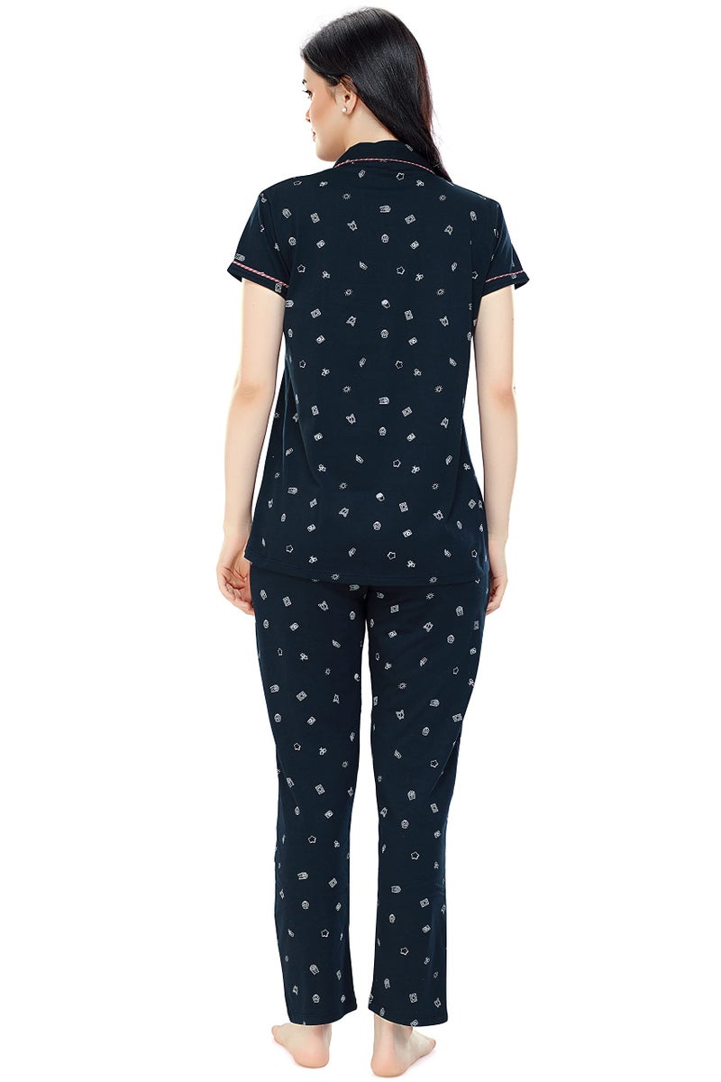 ZEYO Women's Cotton Printed Navy Blue Night Suit set of Shirt & Pyjama 5262 - Image 3