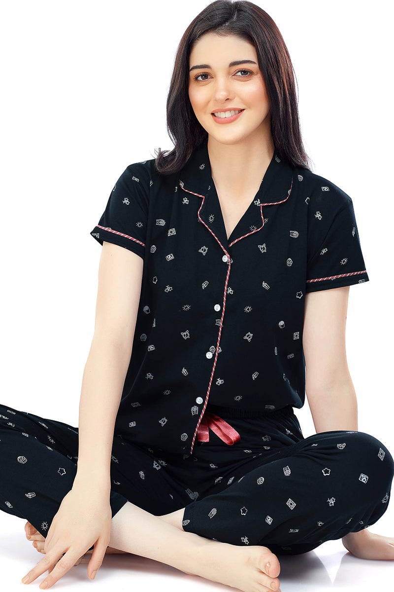 ZEYO Women's Cotton Printed Navy Blue Night Suit set of Shirt & Pyjama 5262 - Image 5
