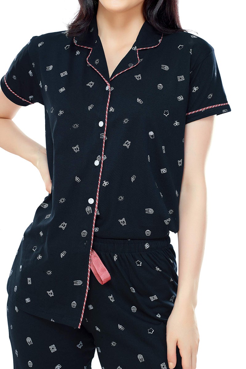 ZEYO Women's Cotton Printed Navy Blue Night Suit set of Shirt & Pyjama 5262 - Image 2