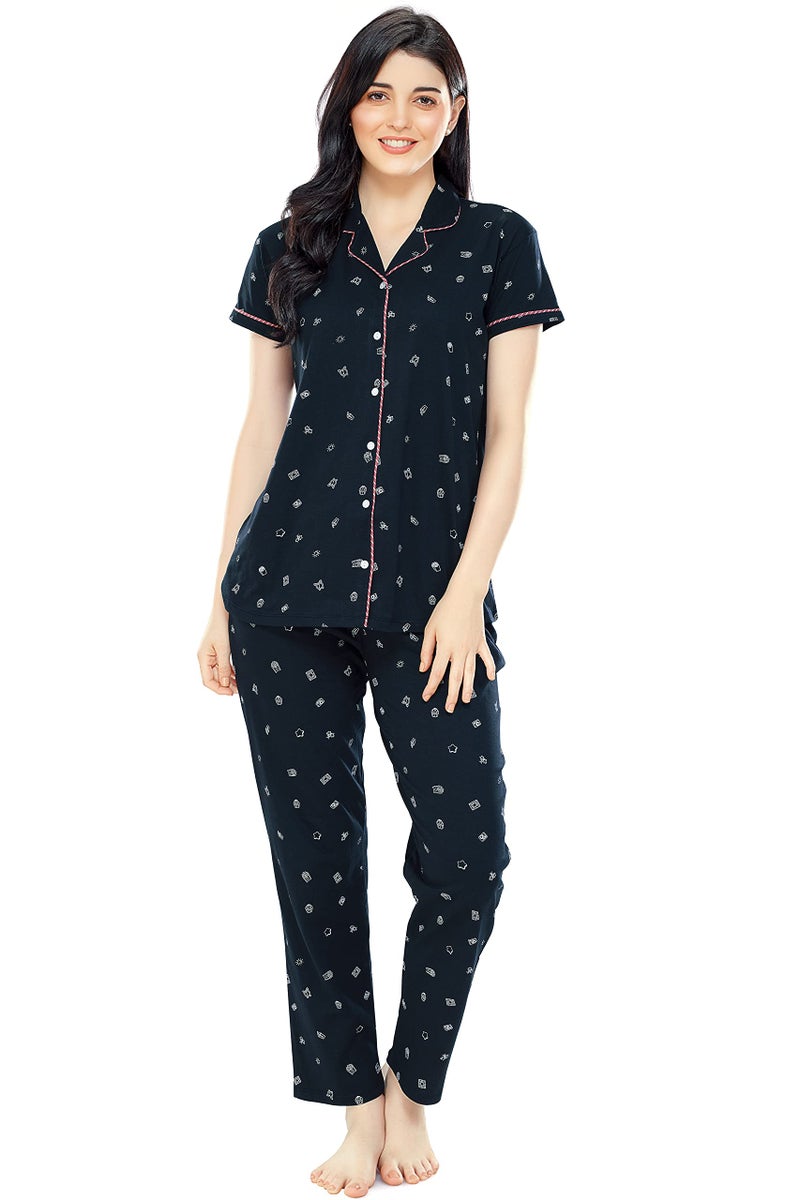 ZEYO Women's Cotton Printed Navy Blue Night Suit set of Shirt & Pyjama 5262 - Image 1