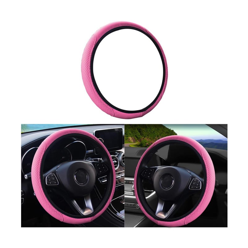 Leather Car Steering Wheel Cover, Anti-Slip Breathable Microfiber Leather Steering Wheel Protector for Women Men, Universal 15'' Elastic Soft Odorless, Car Accessories for Car, Truck, SUV (Pink)