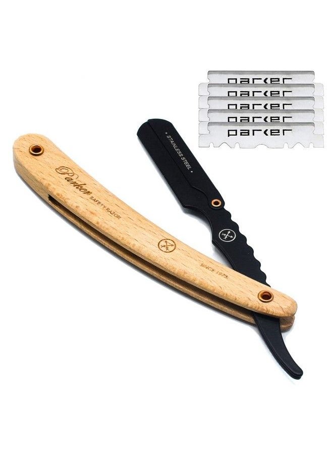 Parker Safety Razor ماكينة حلاقة مستقيمة بمقبض من خشب الصنوبر وذراع من الفولاذ المقاوم للصدأ من Parker Srp مع 5 شفرات ** تم طرحها للتو في خريف 2022 **  - Image 1