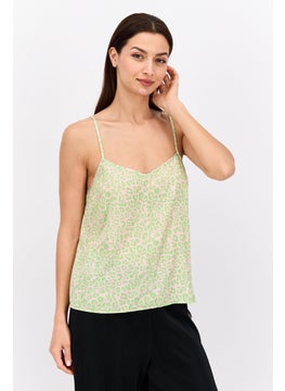 Women V Neck Sleeveless Allover Printed Tank Top, Green