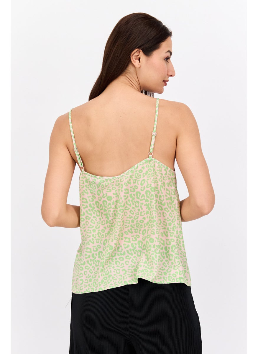 Style Cheat - Women V Neck Sleeveless Allover Printed Tank Top, Green - Image 1