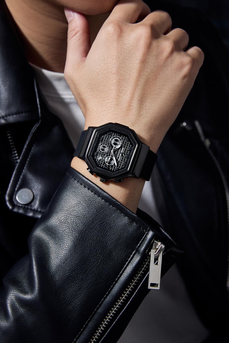 Daniel Hechter Paris Daumesnil Collection Analog Watch for Men Hexagonal Chronograph Watch Black Textured Dial, Multi-Function Display, Black Silicone Strap, Date Window - Image 2