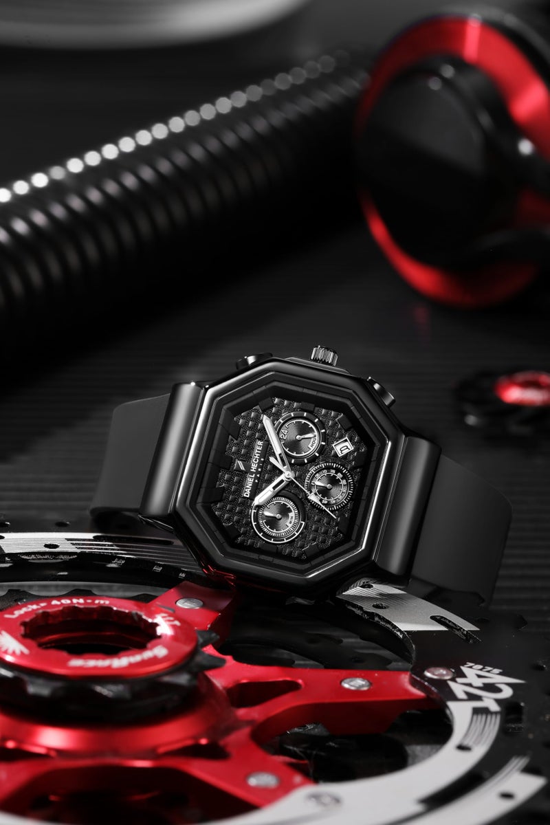 Daniel Hechter Paris Daumesnil Collection Analog Watch for Men Hexagonal Chronograph Watch Black Textured Dial, Multi-Function Display, Black Silicone Strap, Date Window - Image 4