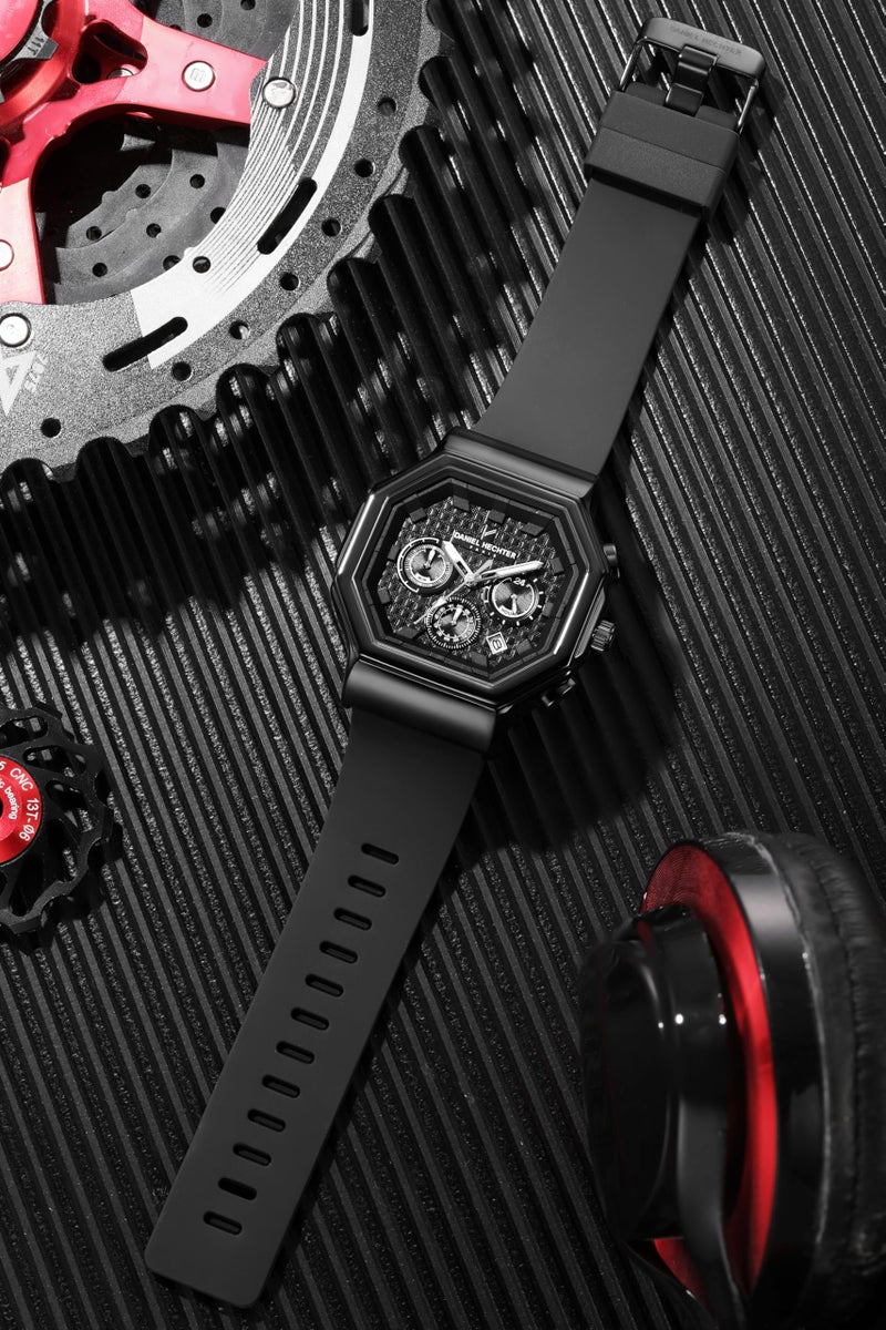 Daniel Hechter Paris Daumesnil Collection Analog Watch for Men Hexagonal Chronograph Watch Black Textured Dial, Multi-Function Display, Black Silicone Strap, Date Window - Image 3