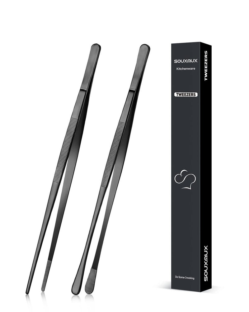 2 Pcs 10inch Cooking Tweezers Tongs Precision Serrated Tips Stainless Steel Professional Chef Tweezer Kitchen Tools for BBQ Plating and Serving Black