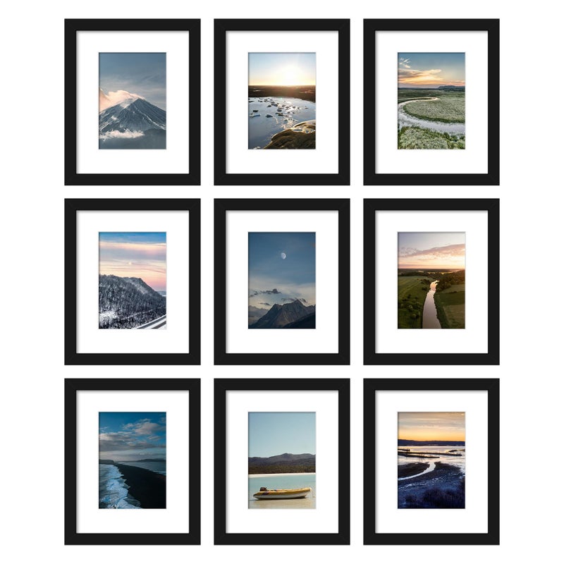 Wiscet 8x10 Picture Frame Set of 9 Display Pictures 5x7 with Mat or 8 x 10 Without Mat Photo Frame for Wall Mounting or Tabletop Black