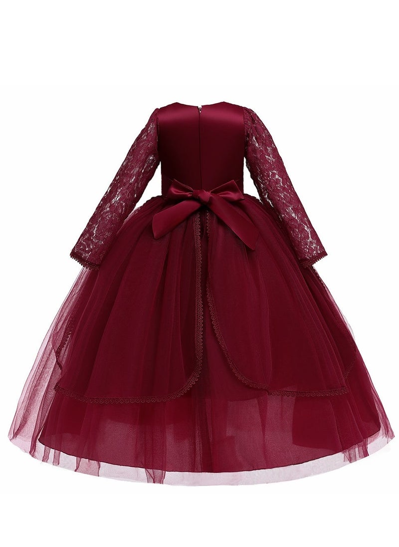 Girlâs Party Dress Pearl Mesh Gown Princess Dress Long Sleeve Toddler Little Kids Bow Back Party Wear Wedding Evening Formal Pageant Dance Gown for Birthday - Image 3