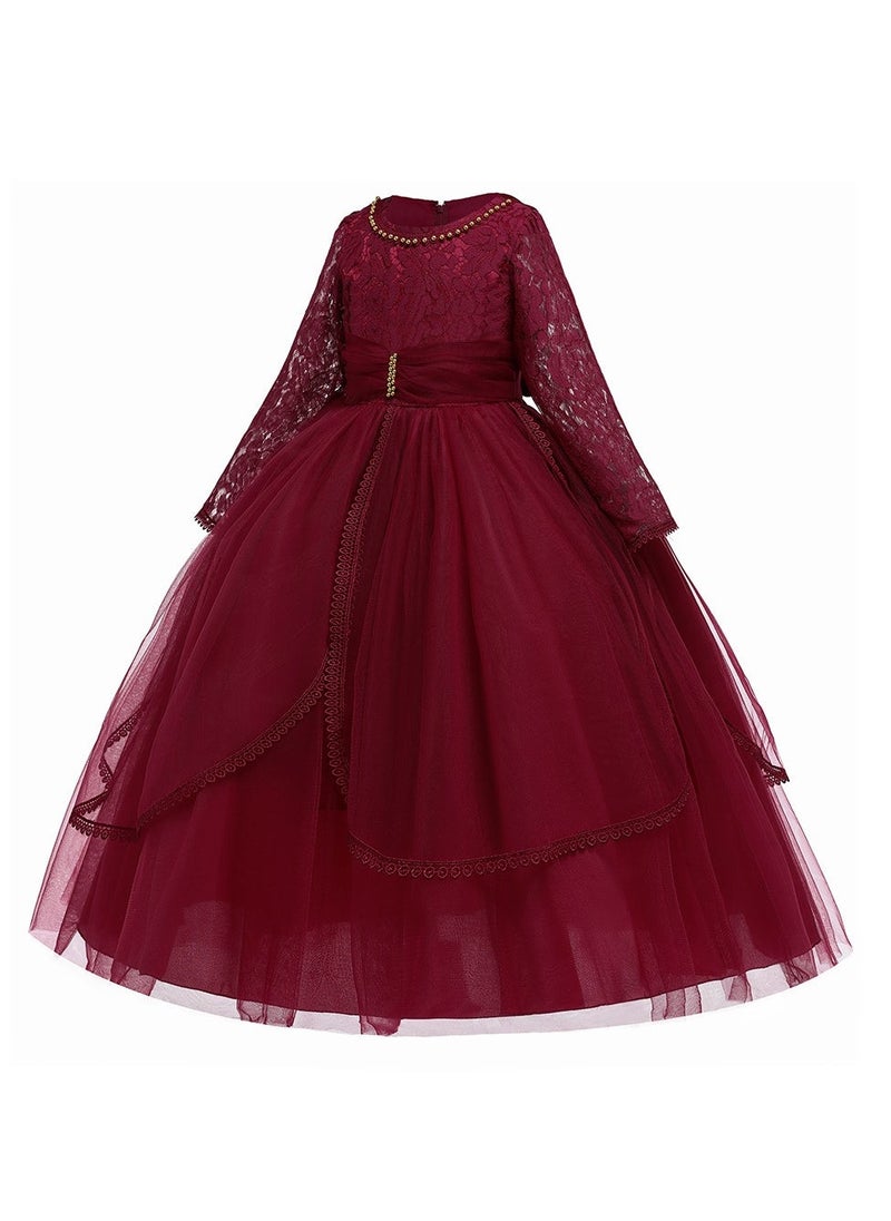 Girlâs Party Dress Pearl Mesh Gown Princess Dress Long Sleeve Toddler Little Kids Bow Back Party Wear Wedding Evening Formal Pageant Dance Gown for Birthday - Image 2
