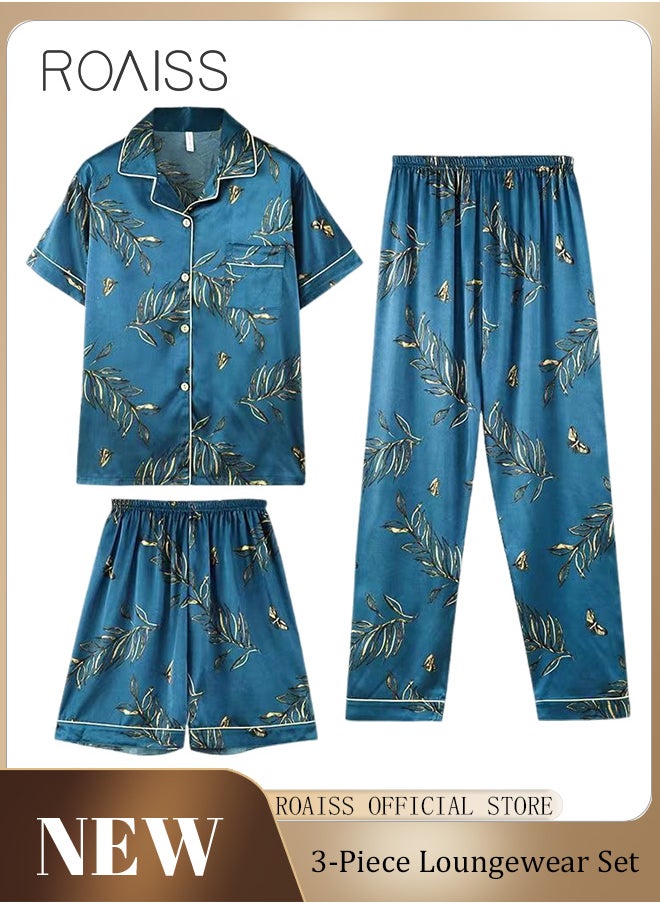roaiss - Men 3 Piece Loungewear Set   Short Sleeves Shorts & Long Pants   Ice Silk Pajamas Loose & Comfortable Skin Friendly Fabric - Image 1
