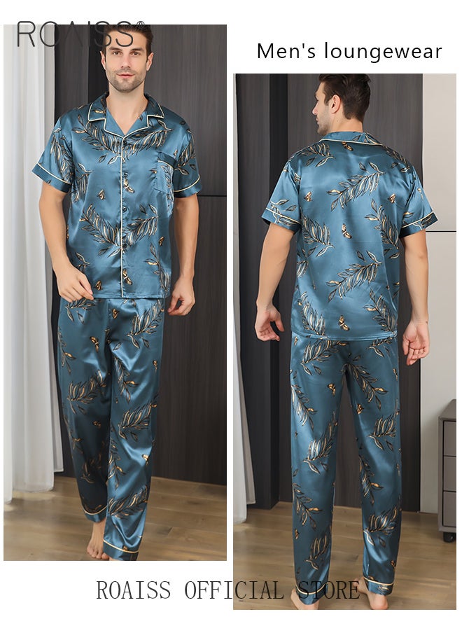 roaiss - Men 3 Piece Loungewear Set   Short Sleeves Shorts & Long Pants   Ice Silk Pajamas Loose & Comfortable Skin Friendly Fabric - Image 1