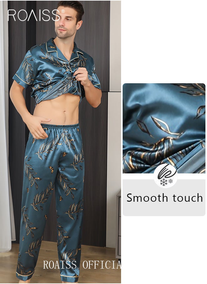 roaiss - Men 3 Piece Loungewear Set   Short Sleeves Shorts & Long Pants   Ice Silk Pajamas Loose & Comfortable Skin Friendly Fabric - Image 1