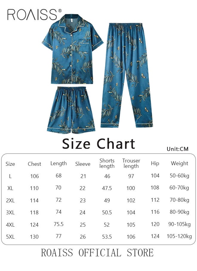 roaiss - Men 3 Piece Loungewear Set   Short Sleeves Shorts & Long Pants   Ice Silk Pajamas Loose & Comfortable Skin Friendly Fabric - Image 1