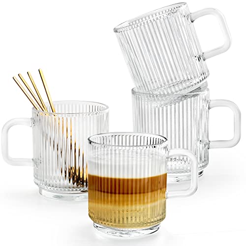 Ymyaye Clear Glass Coffee Mug Set of 4, 12 Ounces Ribbed Glassware with Spoon, Classic Vertical Stripes Tea Mugs for Soda, Latte, Espresso, Cappuccino, Gift for Birthday Holidays Wedding Anniversary - Image 1