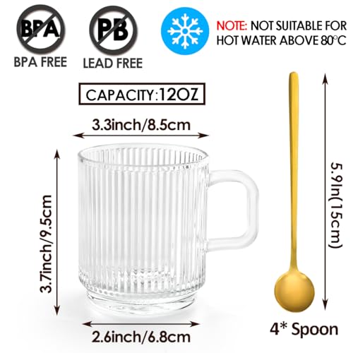 Ymyaye Clear Glass Coffee Mug Set of 4, 12 Ounces Ribbed Glassware with Spoon, Classic Vertical Stripes Tea Mugs for Soda, Latte, Espresso, Cappuccino, Gift for Birthday Holidays Wedding Anniversary - Image 2