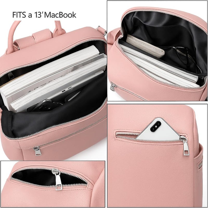 Fabcraft 20L Leather Backpack Purse for Women 13" Laptop Bag Convertible Shoulder Handbag Large Capacity Stylish Anti-Theft Travel College Office Work Daypack with Zipper Pockets Pink - Image 5