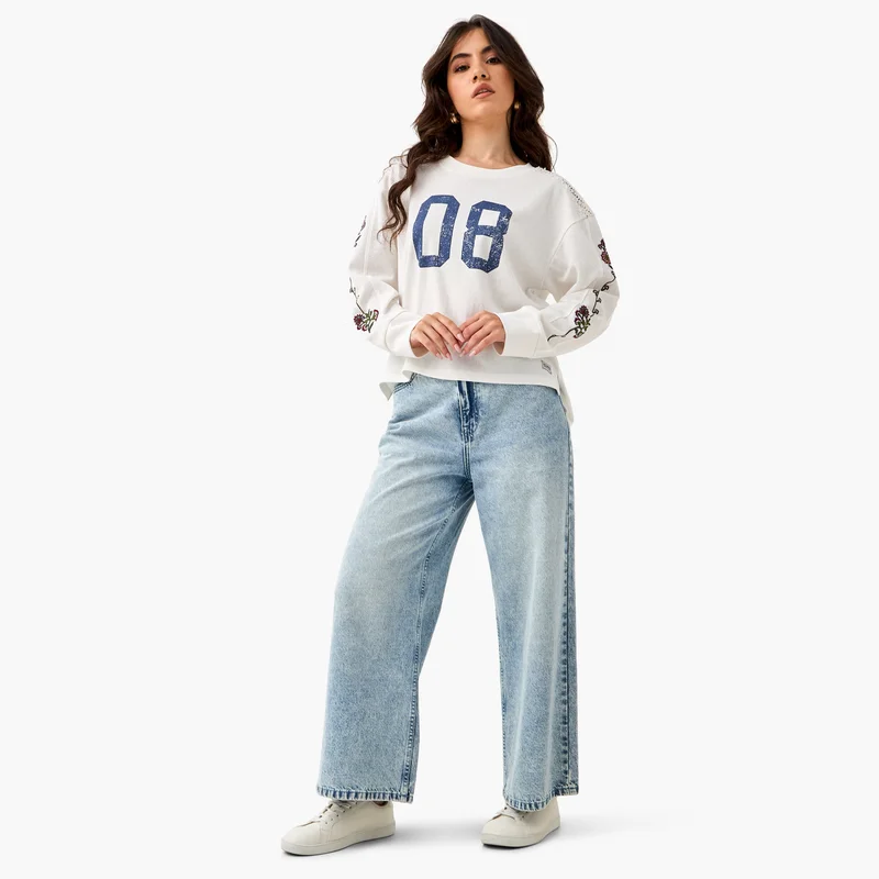 لي كوبر Lee Cooper Embroidered Varsity Print T-shirt with Crew Neck