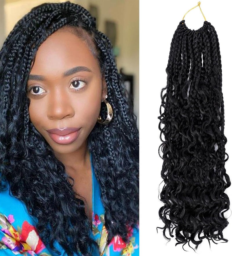 Eerya Goddess Box Braids Crochet Hair 14 Inch 1 Pack Pre-looped Bohemian Crochet Boho Box Braids With Curly Ends 3X Crochet Braids Hair for Women Synthetic Braiding Hair (14 inch, #1B) - Image 1