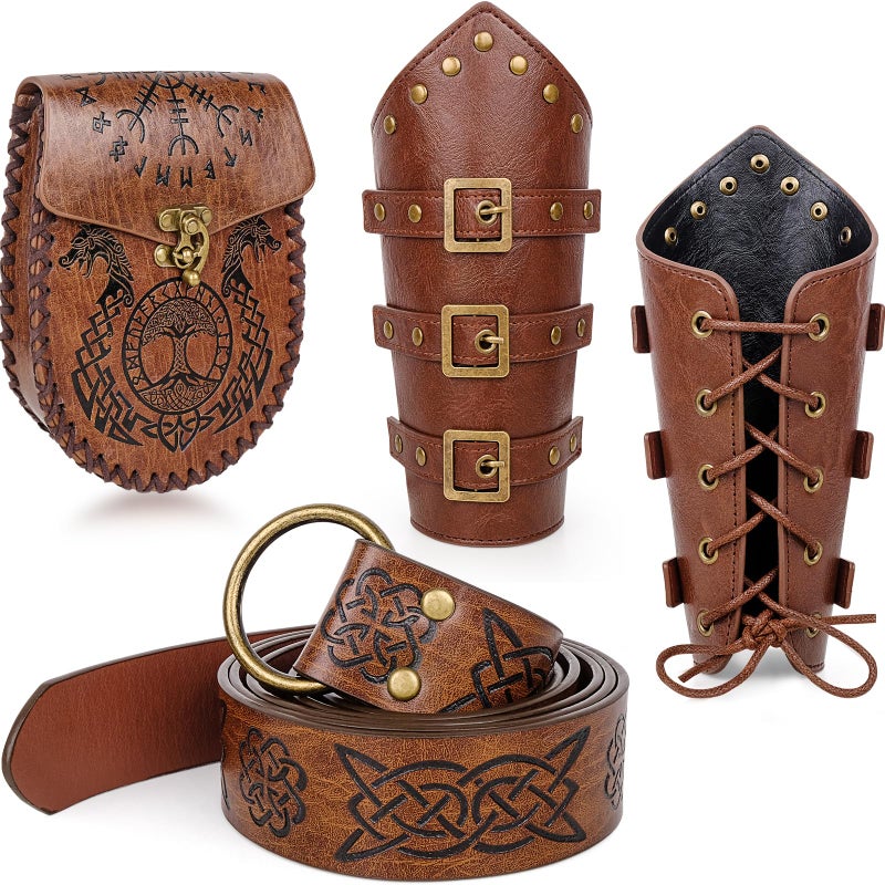 Fasouna 3 PCS Renaissance Accessories, Viking Belt Medieval Vintage Pouch and Leather Bracers, Halloween Medieval Cosplay - Image 1