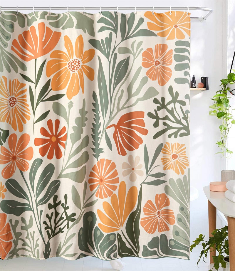 RoomTalks Cute Colorful Floral Faux Linen Shower Curtain for Funky Aesthetic Bathroom Decor - Heavy Duty Modern Abstract Matisse Summer Flowers Plants Botanical Shower Curtain Set - Image 2