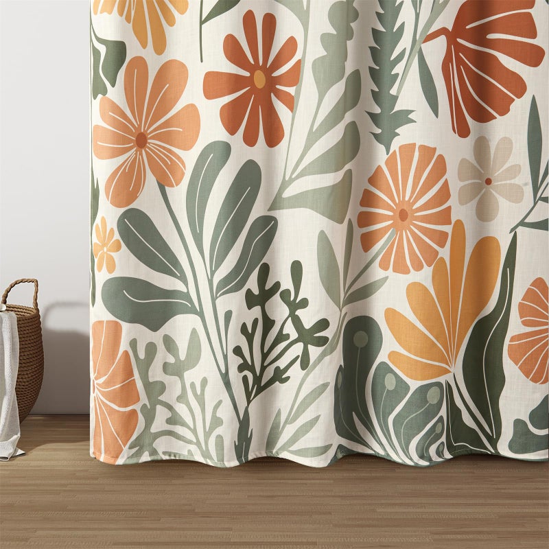 RoomTalks Cute Colorful Floral Faux Linen Shower Curtain for Funky Aesthetic Bathroom Decor - Heavy Duty Modern Abstract Matisse Summer Flowers Plants Botanical Shower Curtain Set - Image 3